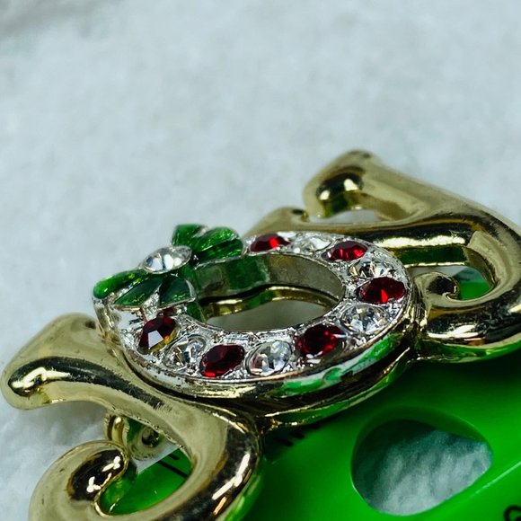 JOY Christmas Pin Brooch Gold Color Wreath Design Around the O Rhinestone Accent - Picture 12 of 13